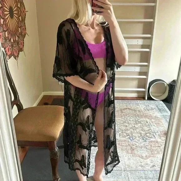 Butterfly black beach/swim coverup - Picture 1 of 4